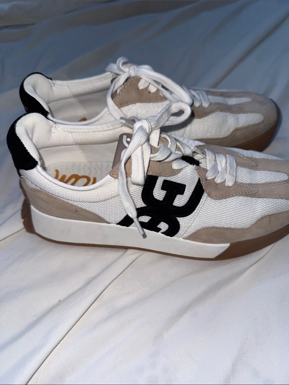 Sam Edelman White and Tan Lace-Up Sneakers with Black Logo